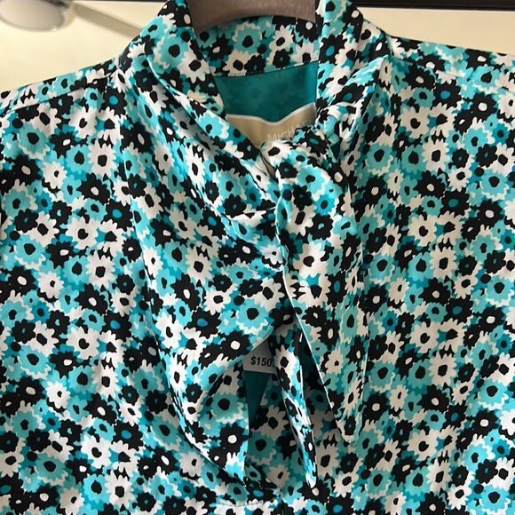 Michael Kors Neck tie teal Blue black Floral Top XXS NWT - Picture 2 of 8